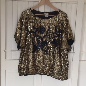 Vintage CeCe Silk Sequence Top Black Gold Sz XL